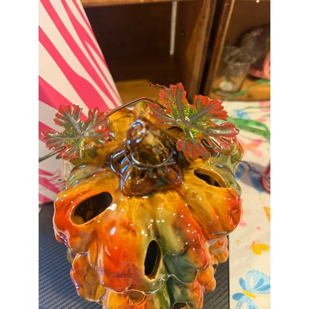 Pink Zebra Retired Ceramic Glazed Gourd Pumpkin Luminary Candle Holder Fall